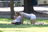 Kristen Bell - Candids in Rome bending and stretching in park (showing her ass and cameltoe(?))